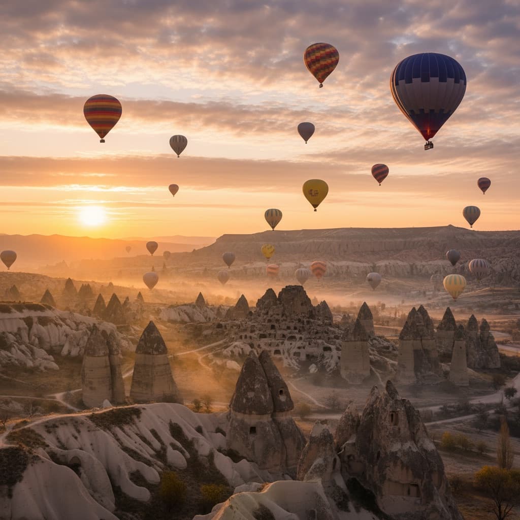Dozens of hot air balloons lifting off simultaneously over Göreme